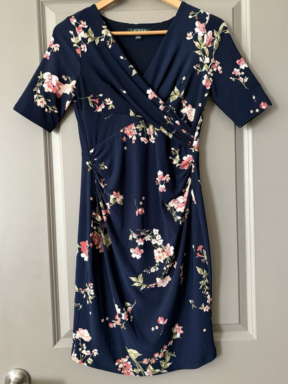 Lauren Ralph Lauren Women’s Navy Blue Floral Print Stretch Dress Size 4P Petite